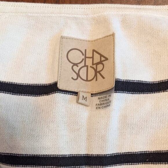 Chaser Stripe V Neck Bell Sleeve Black and White Cotton Pullover Sweater Size M - Picture 10 of 12